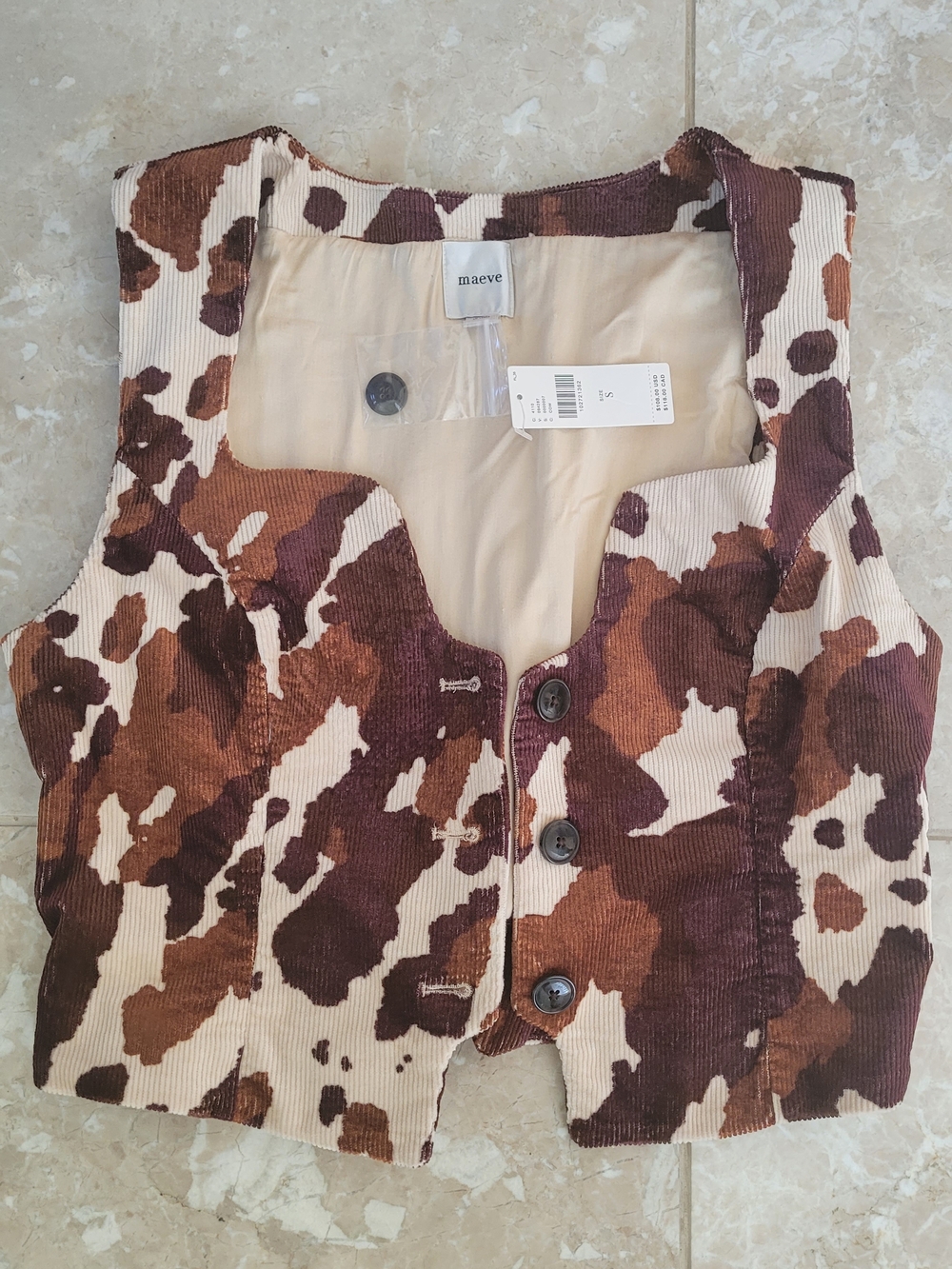 Maeve Brown and Cream Cow-Print Corduroy Button Vest Size S NWT